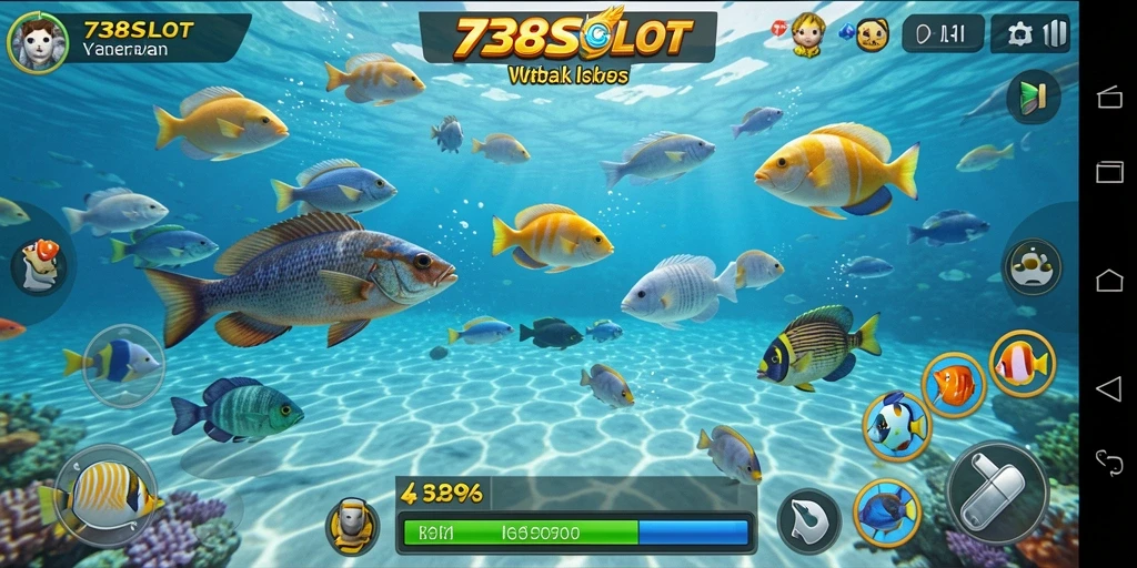 Screenshot gameplay 738SLOT menampilkan aksi menembak ikan yang seru.