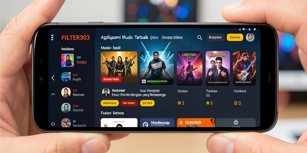 Tangkapan layar aplikasi FILTER303 menampilkan tampilan menarik dan gameplay musik interaktif.