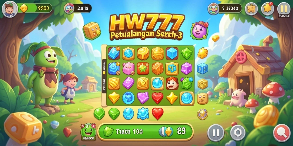 Tampilan utama HW777 menunjukkan gameplay Match-3 yang menarik dan penuh warna.