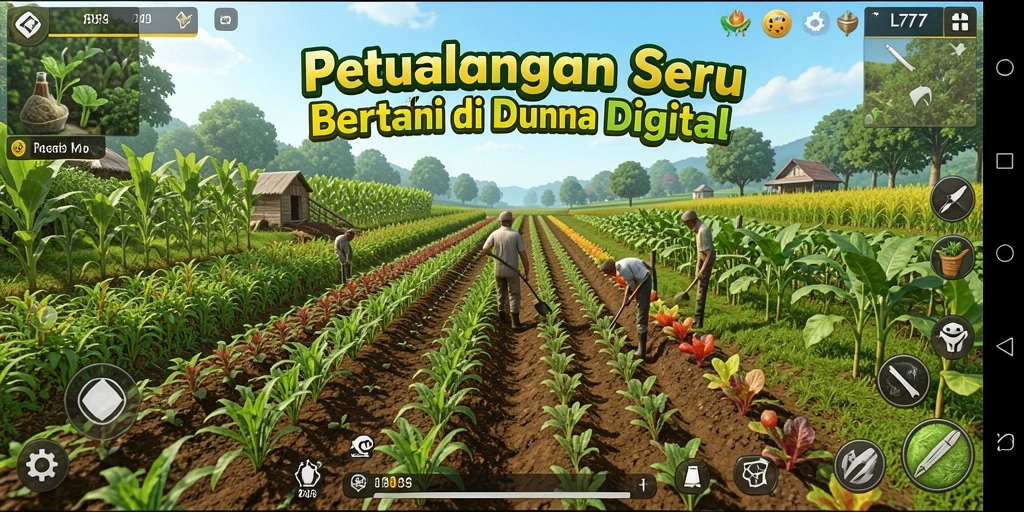 Tangkapan layar gameplay L777 menampilkan suasana pertanian yang hidup dan interaktif.