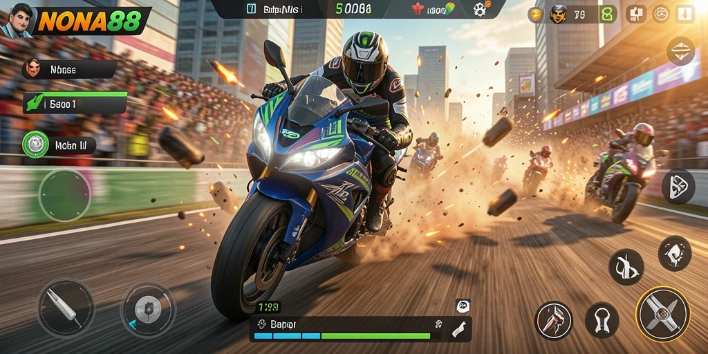 Screenshot gameplay NONA88 menampilkan aksi balapan motor yang mendebarkan.