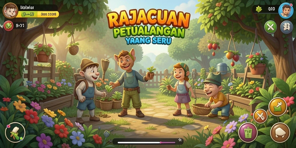 Tampilan gameplay seru di RAJACUAN dengan kebun yang subur.