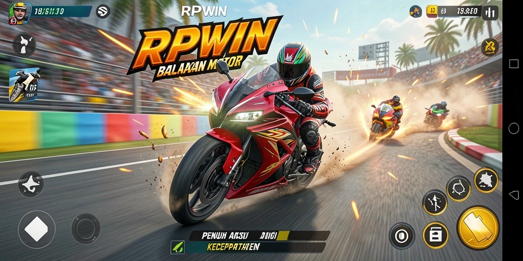 Screenshot gameplay RPWIN menunjukkan aksi balapan motor yang seru dan mendebarkan.