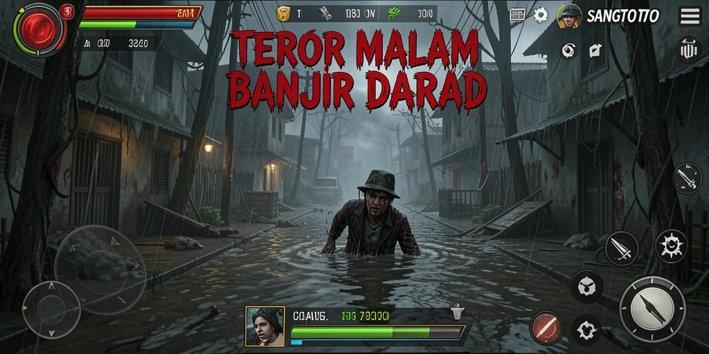 Screenshot dari gameplay SANGTOTO yang menampilkan suasana menegangkan dan karakter menyeramkan.